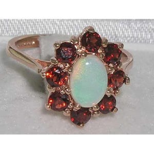 9K Rose Gold Natural Colorful Opal & Garnet Cluster Flower Ring, Engagement Ring, Wedding Ring - English Vintage Style - Customizable