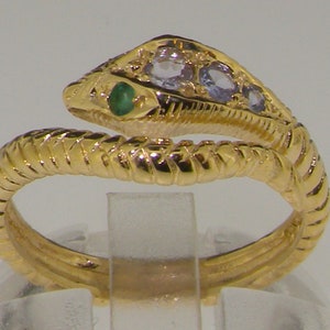 Stunning Yellow Gold Natural Diamond and Emerald Single Wrap Snake Serpent Ring - Choose from 18K, 18ct, 14K, 14ct, or 9K, 9ct Yellow Gold