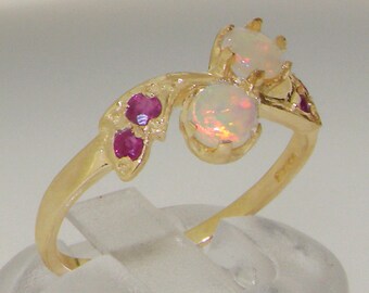 Anillo de compromiso de lujo en oro amarillo de 9 quilates con delicado racimo floral de ópalo y rubí natural, anillo de espiral - Hecho en Inglaterra - Personalizable: oro de 9 quilates, 14 quilates y 18 quilates