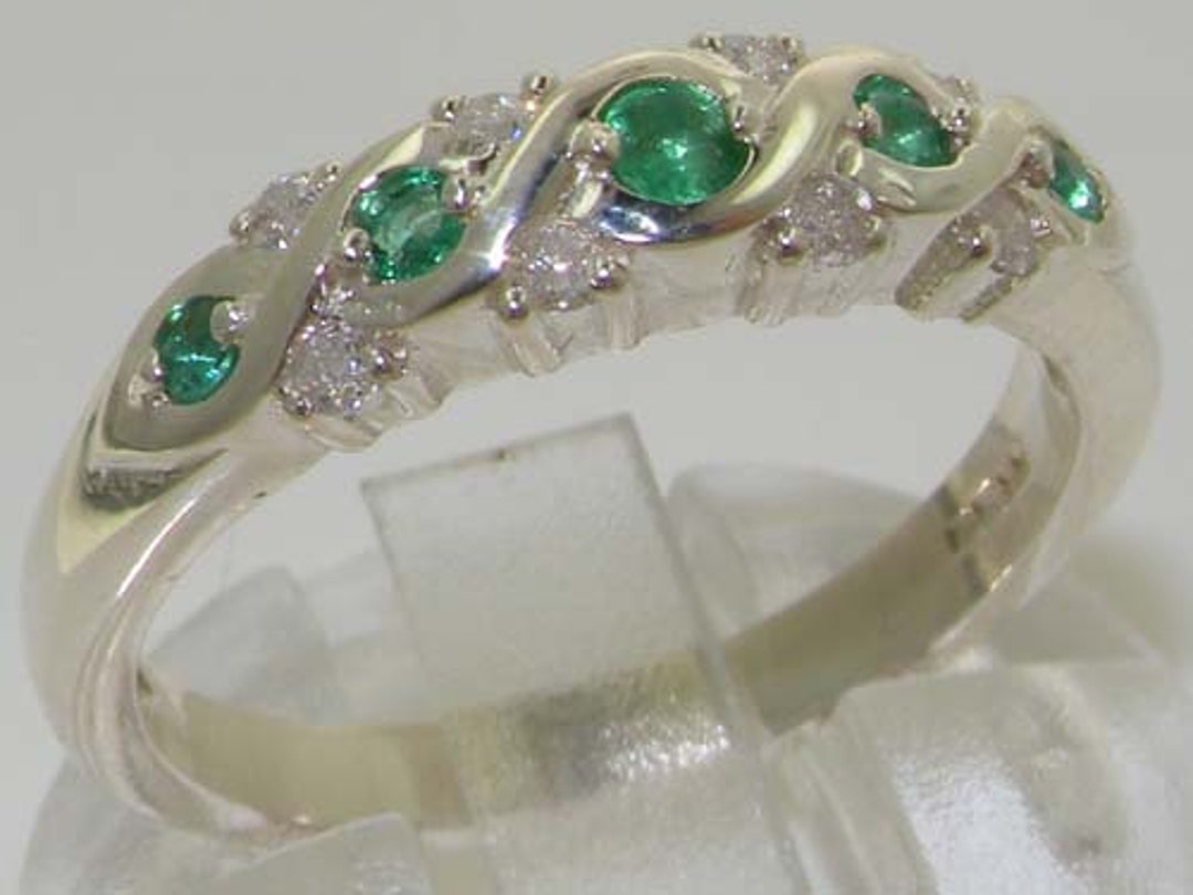 10K White Gold Natural Emerald & 0.16ct Diamond Womens - Etsy