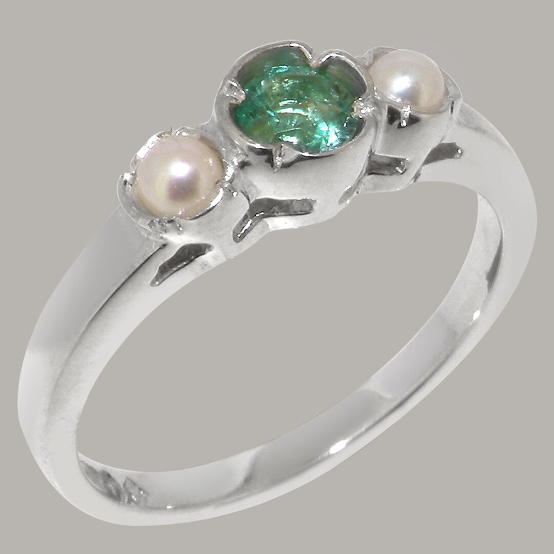 Solid 925 Sterling Silver Natural Emerald & Pearl Womens Trilogy Ring ...