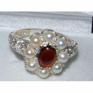 Anello in argento sterling 925 con granato naturale e perla in stile vittoriano, anello per anniversario a grappolo - personalizzabile