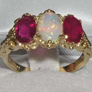9K Yellow Gold Natural Colourful Opal & Ruby 3 Stone Trilogy Ring, Victorian Style Carved Ring - Made in England - Customizable