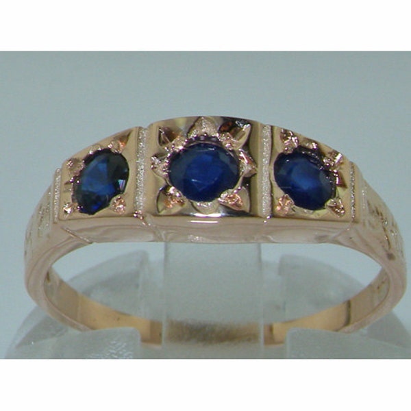 English 9K Rose Gold Three Natural Deep Blue Sapphire Antique Bohemian Style Ring, English Trilogy Band - Customizable