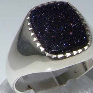 Mens Contemporary 925 Sterling Silver Cushion Cut Blue Goldstone Milled Edge Simple Signet Ring -Made in England-Supplied in Your Size