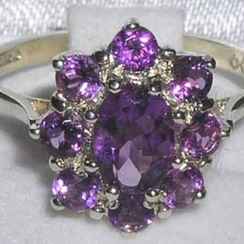 Solid 925 Sterling Silver Total 1.5ct Natural Amethyst Statement high quality Ring, English Antique Design Cluster Flower Ring - Cstomize:9K,14K,18K