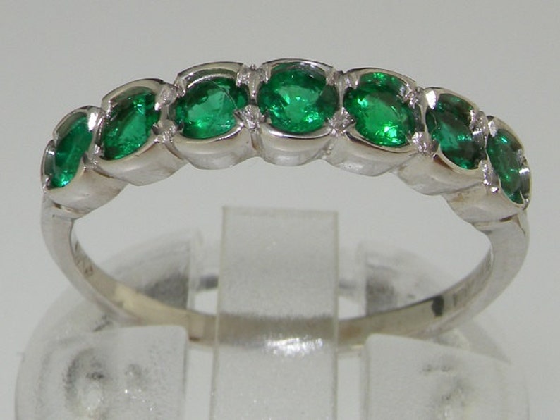 Stunning 18K White Gold Fine Grade Emerald Half Eternity Ring, Anniversary Band Customizable with different gemstones or gold carat image 1