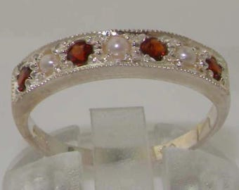 English 14K White Gold Natural Garnet & Freshwater Pearl Engagement Ring, Half Eternity Band,  Ring - Customize:9K,10K,18K