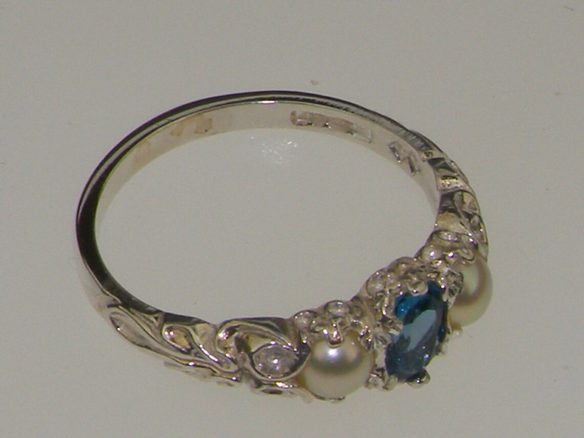 Sterling Silver Natural London Blue Topaz & Pearl Womens Trilogy Ring ...