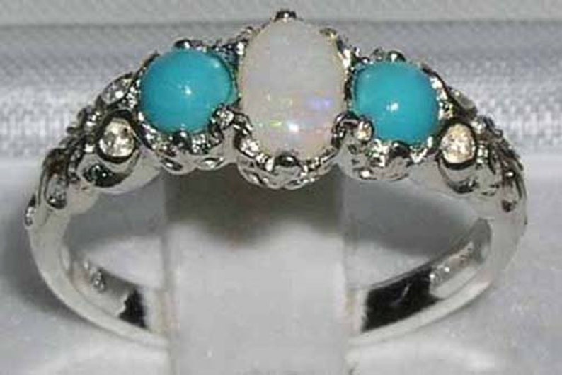 M and T UK I Sterling Silver Natural Opal /& Turquoise Victorian Trilogy Ring Four Available in sizes US 4 6 and 9.5 Sample Sale