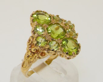 Large 14K Solid Yellow Gold Peridot Diamond Shaped Cluster Ring
