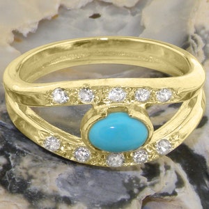 Yellow Gold Natural Turquoise & Diamond Band Ring - Customizable 9K,10K,14K,18K Yellow, Rose or White Gold or Platinum