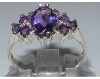 Anillo de compromiso de amatista natural vibrante de oro blanco macizo de 10 quilates, diseño inglés, estilo solitario, personalizable.