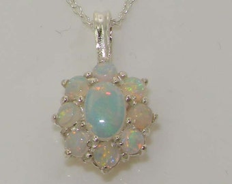 Luxury Ladies Solid 925 Sterling Silver Natural Opal Contemporary Pendant Necklace - Made in England