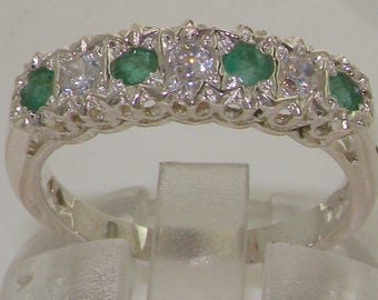 Elegant  9K White Gold Diamond & Emerald Half Eternity Ring, Stacking Ring, English Victorian Design Half Eternity Band -Customizable