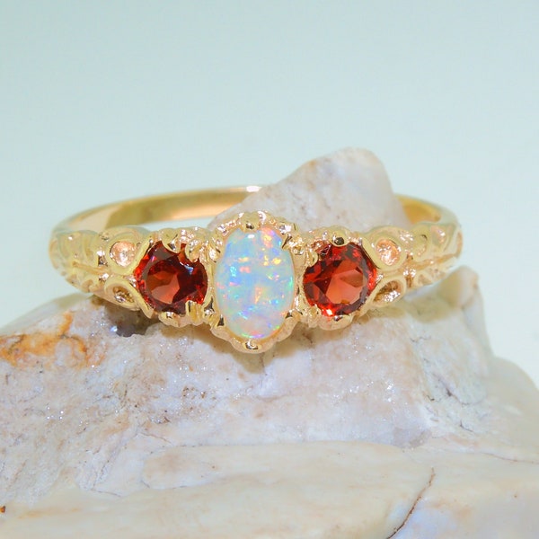 Yellow Gold Natural Opal & Garnet Trilogy Vintage Style Ring | Victorian Inspired Trilogy Ring - Select 9K, 10K, 14K or 18K