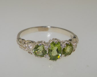 English 14K White Gold Natural 3 Peridot Promise Ring, English Victorian Trilogy Band Ring - Customize: 9K,14K, 18K, Gold