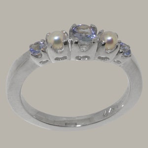 10k White Gold Natural Tanzanite & Pearl Band Ring - Customizable 9K,10K,14K,18K Yellow, Rose or White Gold or Platinum