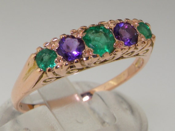 Unique Combination! Solid 9K Rose Gold Natural Emerald and Amethyst Victorian Style Scroll Design Ring  - Handmade in our workshop