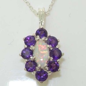 Small Pendant, Solid 925 Sterling Silver Marquise cut  Natural Opal & Amethyst Flower Cluster Contemporary Pendant Necklace  Made in England