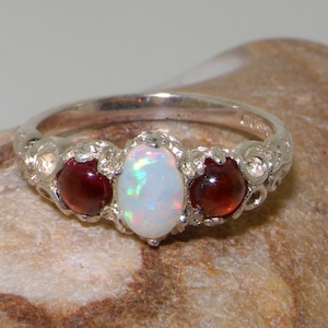 Solid 925 Sterling Silver Natural Colorful Opal & Cabochon Garnet Ring, English Vintage Style Trilogy Ring -Customize:10K,14K,18K