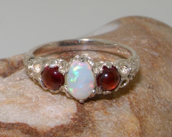 Solid 925 Sterling Silver Natural Colorful Opal & Cabochon Garnet Ring, English Vintage Style Trilogy Ring -Customize:10K,14K,18K