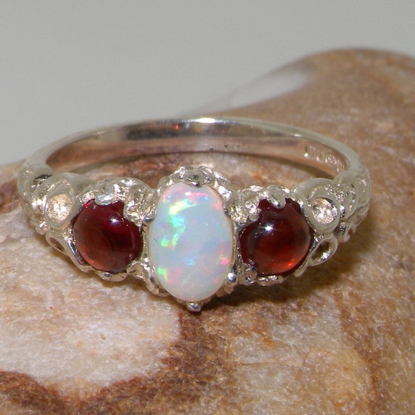 Sample Sale! One Only | Sterling Silver Opal & Garnet Trilogy Vintage Style Ring | Finger Size US 4 UK H 1/2