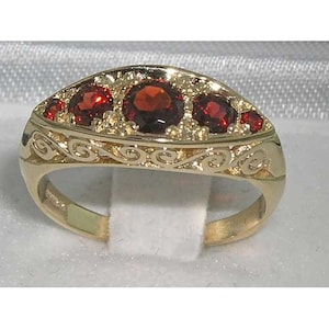 English 9K Yellow Gold Five Natural Vibrant Garnet Victorian Style Scroll Deco ring, Eternity Ring, Anniversary Band - Customizable