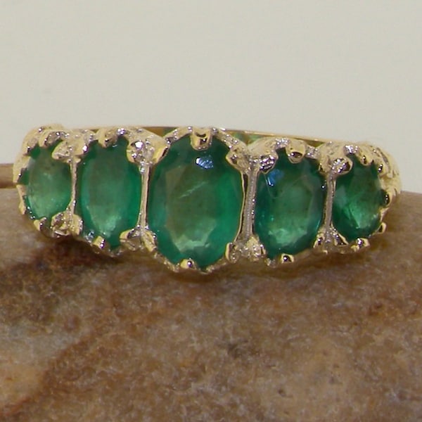English 9K Yellow Gold Natural Emerald Ring | Victorian Inspired Ornate Emerald Ring | Gold Emerald Ring | Five Stone Ring