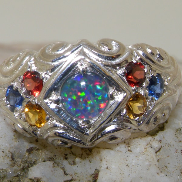 Stunning Sterling Silver Gypsy Ring | Opal Triplet, Citrine, Garnet and Sapphire Band Ring | Sterling Silver Band Ring