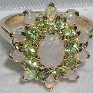 English 14K Yellow Gold Natural Opal & Peridot Cluster Floral Ring, October August birthstone -Customize:Platinum,9K,10K,14K,18K Gold