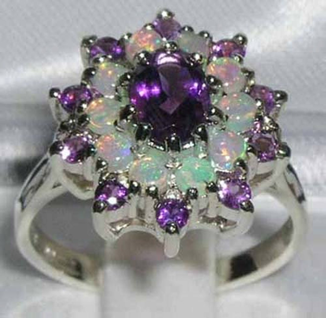 Solid 9K White Gold Natural Amethyst & Colorful Opal Large - Etsy