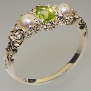 925 Sterling Silver Natural Peridot & Pearl womens Trilogy Ring - Customizable 9K,10K,14K,18K Yellow, Rose or White Gold or Platinum