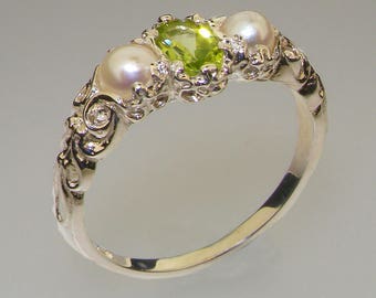 925 Sterling Silver Natural Peridot & Pearl womens Trilogy Ring - Customizable 9K,10K,14K,18K Yellow, Rose or White Gold or Platinum