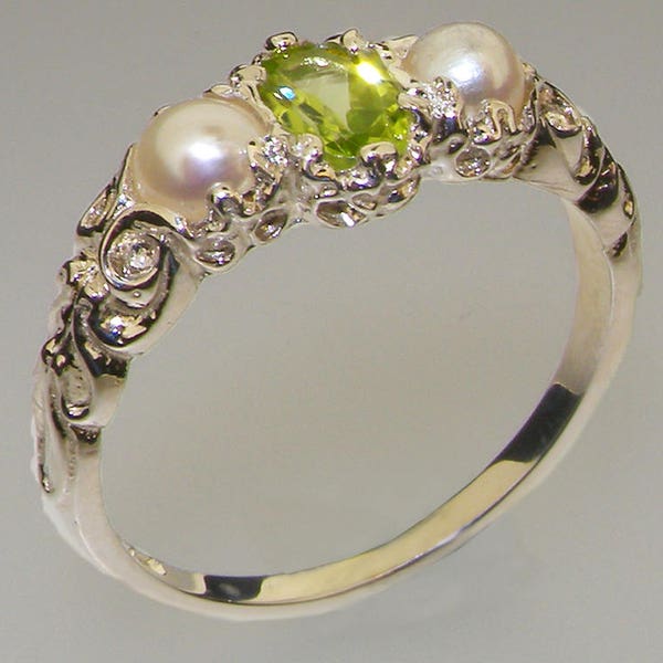 Anello Trilogy donna peridoto naturale e perla in argento sterling 925 - Personalizzabile 9K, 10K, 14K, 18K giallo, rosa o bianco oro o platino