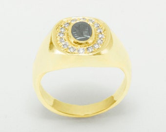 18k Yellow Gold Natural Hematite Intaglio & Diamond mens Signet Ring - Customizable 9K,10K,14K,18K Yellow, Rose or White Gold or Platinum