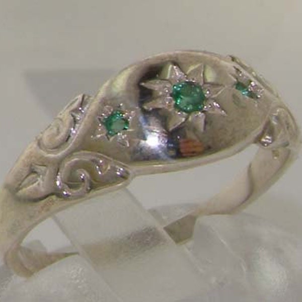Sterling Silver Natural Emerald Trilogy Band Ring | Silver Gypsy Ring | Silver Emerald Ring