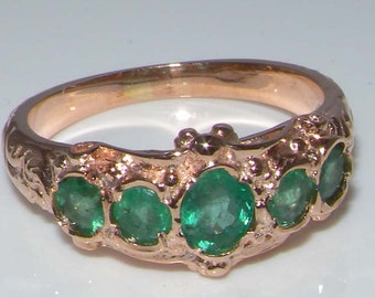 Solid 9K Rose Gold Five Natural Emerald Antique Deco Ring, English Unique Vintage Scroll Design Band - Customize: 14K,18K