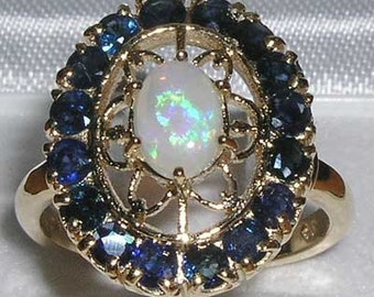 Grote natuurlijke kleurrijke cocktailring opaal en blauwe saffier, 9 kt geelgoud unieke Engelse vintage clusterbloemenring - aanpassen: 14, 18 kt goud