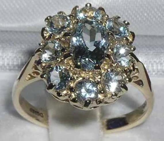 14K Yellow Gold Aquamarine Cluster Ring, English Antique Style