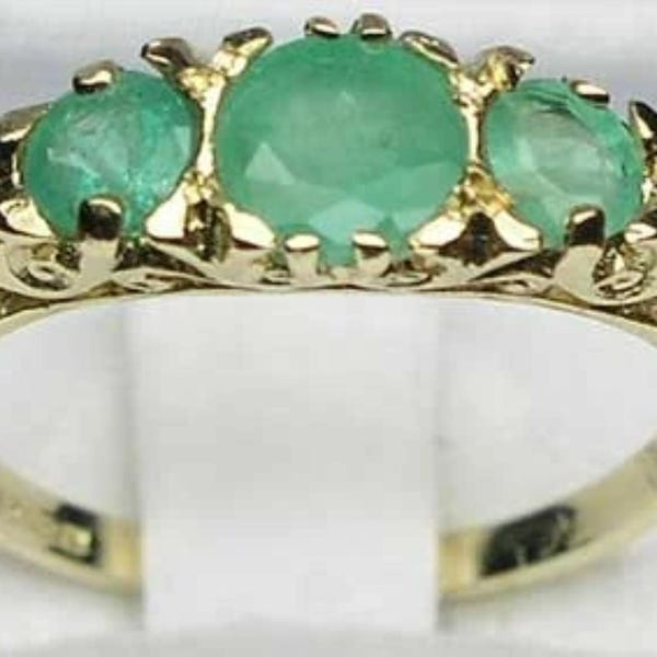 Solid 9K Yellow Gold Natural Emerald Art Nouveau Carved Anniversary Ring, English Antique Style 3 Stone Trilogy Ring - Customize:14K,18K