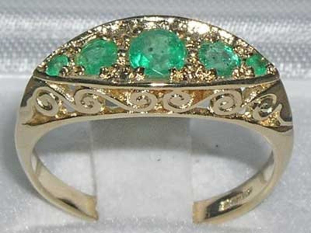 Five Natural Emerald With Solid 9K Yellow Gold English Victorian Style ...