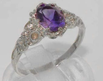 English 14K White Gold Natural Amethyst Solitaire Ring, Alternative Engagement Ring, Victorian Style Ring - Customize:9K,14K,18K Gold