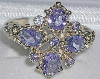 Large 925 Sterling Silver Natural Natural Tanzanite Cluster Unique Rhombus Ring, English Vintage Design Anniversary Ring - Customizable