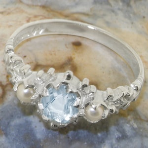 White Gold Natural Aquamarine & Pearl womens Trilogy Ring - Customizable 9K,10K,14K,18K Yellow, Rose or White Gold or Platinum