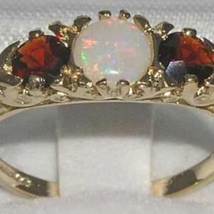 9K Yellow Gold Natural Colourful Opal & Garnet Art Nouveau Anniversary Ring, English Design 3 Stone Trilogy Ring - Customize:14K,18K