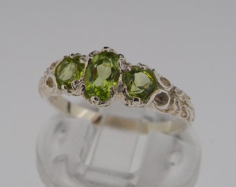 10K White Gold Natural Peridot Trilogy Vintage Style Ring | English Victorian Inspired Trilogy Ring | White Gold Peridot Ring