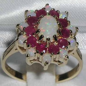 English 14K Yellow Gold Natural Opal & Ruby Cluster Floral Ring, October July birthstone -Customizable