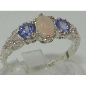 14K White Gold Natural Colorful Opal & Tanzanite Engagement Ring, English Antique Style 3 Stone Trilogy Band - Customizable