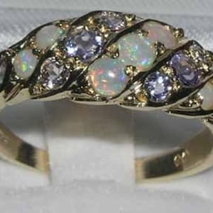 Solid 9K Yellow Gold Natural Opal & Tanzanite Eternity Ring, Cluster Wave Wide Band - Made in England -Customize: 9K, 14K,18K